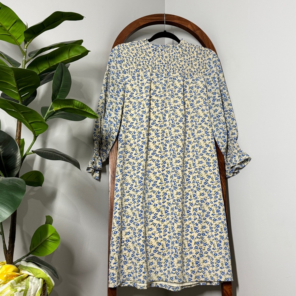 Roolee MEDIUM Cream Blue Floral Modest Smocked Long Sleeve Shift Dress